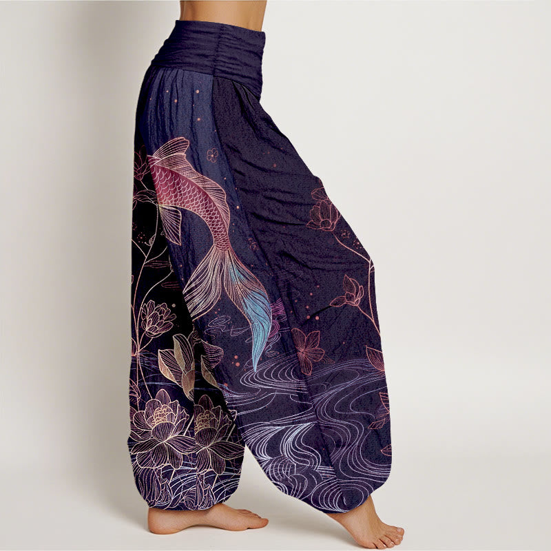 Buddha Stones Pantalones harén de algodón puro con cintura elástica para mujer con estampado de pez loto - image 7