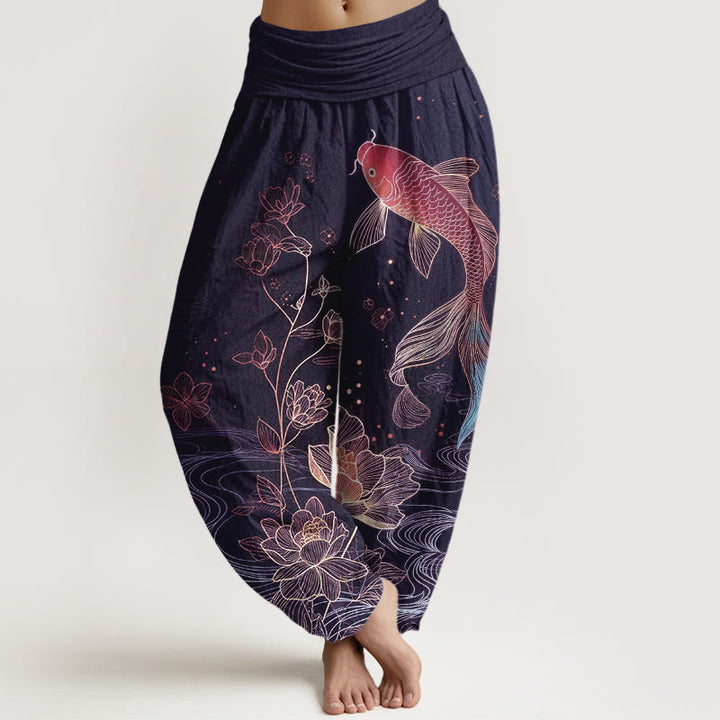 Buddha Stones Pantalones harén de algodón puro con cintura elástica para mujer con estampado de pez loto - Índigo - US16，UK/AU20，EU48 (3XL) - image 5