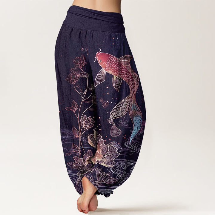 Buddha Stones Pantalones harén de algodón puro con cintura elástica para mujer con estampado de pez loto - image 6