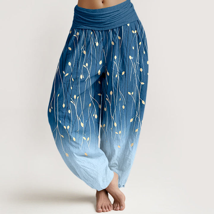 Buddha Stones Pantalones harem de algodón puro con cintura elástica y estampado degradado de ramas y hojas para mujer. - Azul real - US16，UK/AU20，EU48 (3XL) - image 0