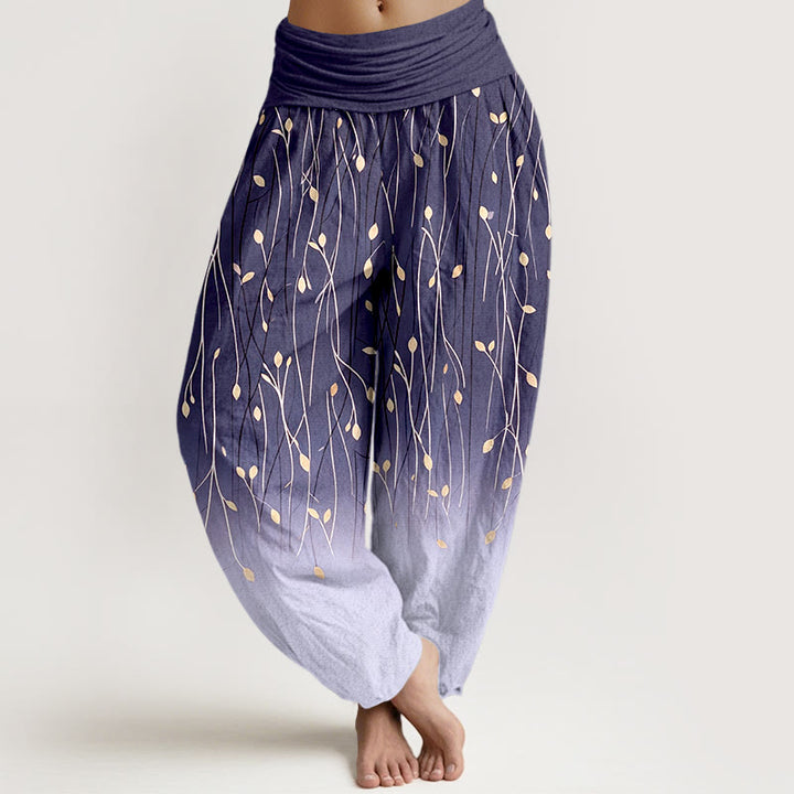 Buddha Stones Pantalones harem de algodón puro con cintura elástica y estampado degradado de ramas y hojas para mujer. - Púrpura - US16，UK/AU20，EU48 (3XL) - image 8