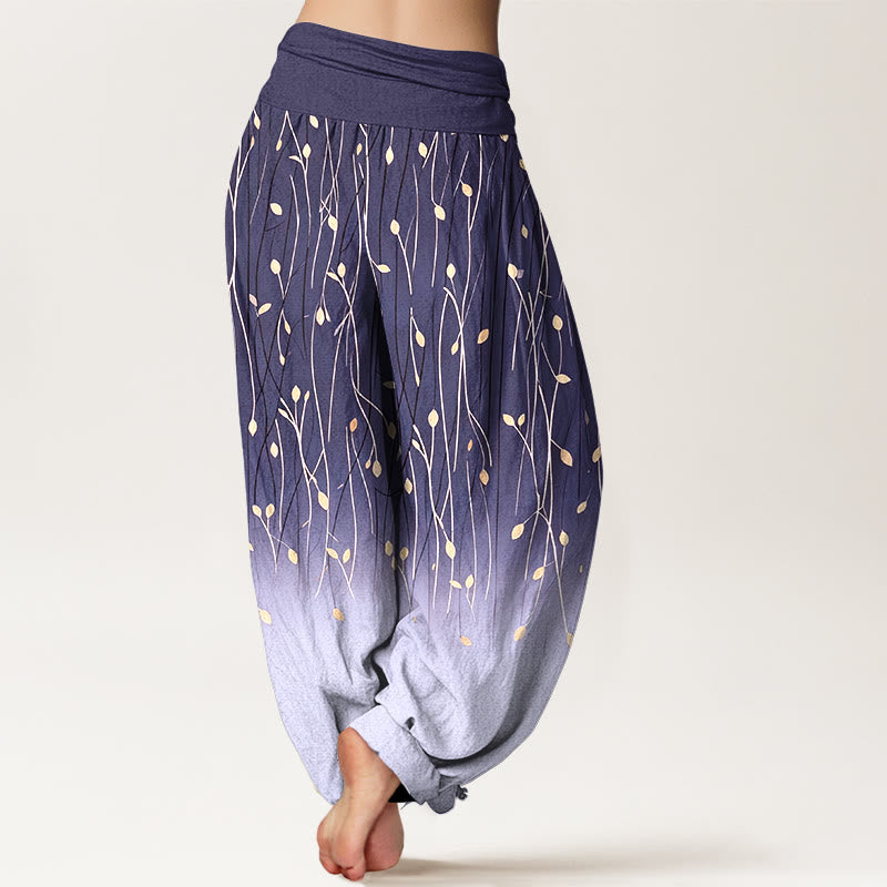 Buddha Stones Pantalones harem de algodón puro con cintura elástica y estampado degradado de ramas y hojas para mujer. - image 9