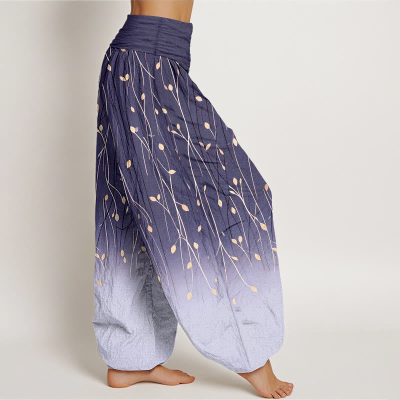 Buddha Stones Pantalones harem de algodón puro con cintura elástica y estampado degradado de ramas y hojas para mujer. - image 10