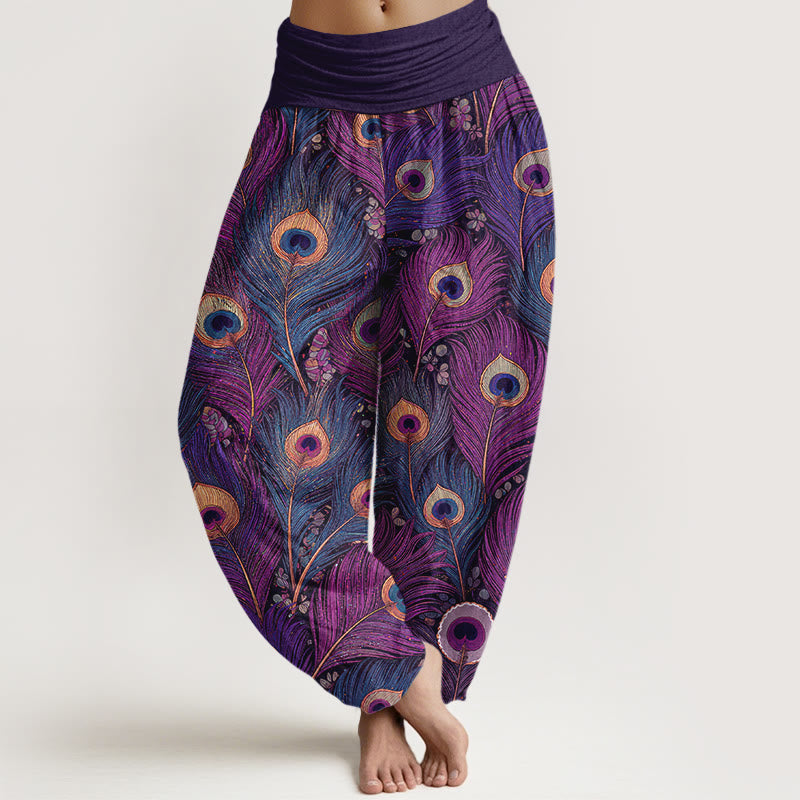 Buddha Stones Pantalones harem de mujer de algodón puro con cintura elástica y estampado de plumas de pavo real - Orquídea oscura - US16，UK/AU20，EU48 (3XL) - image 0