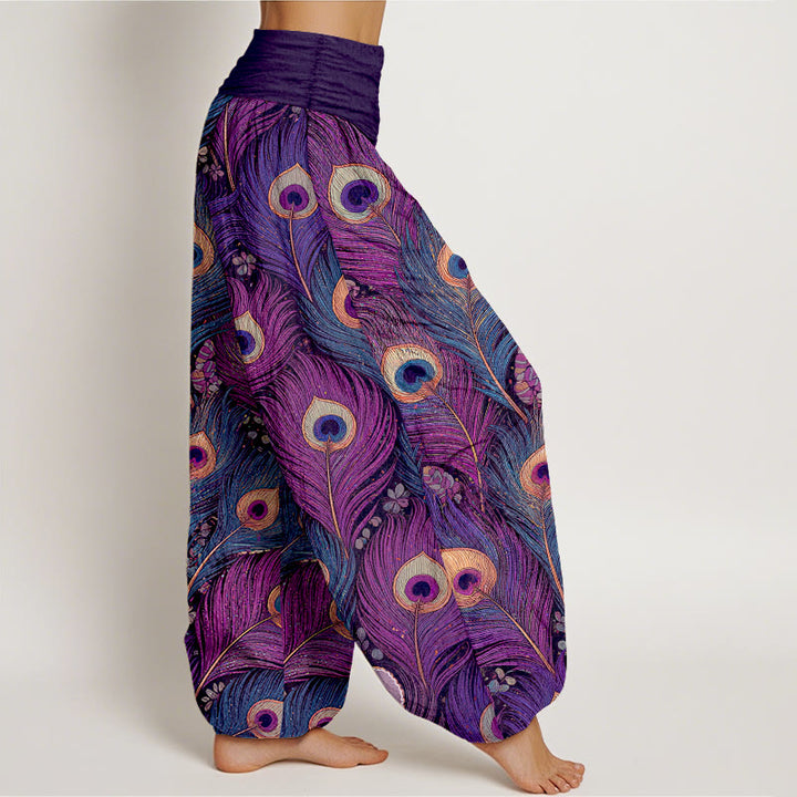 Buddha Stones Pantalones harem de mujer de algodón puro con cintura elástica y estampado de plumas de pavo real - image 2