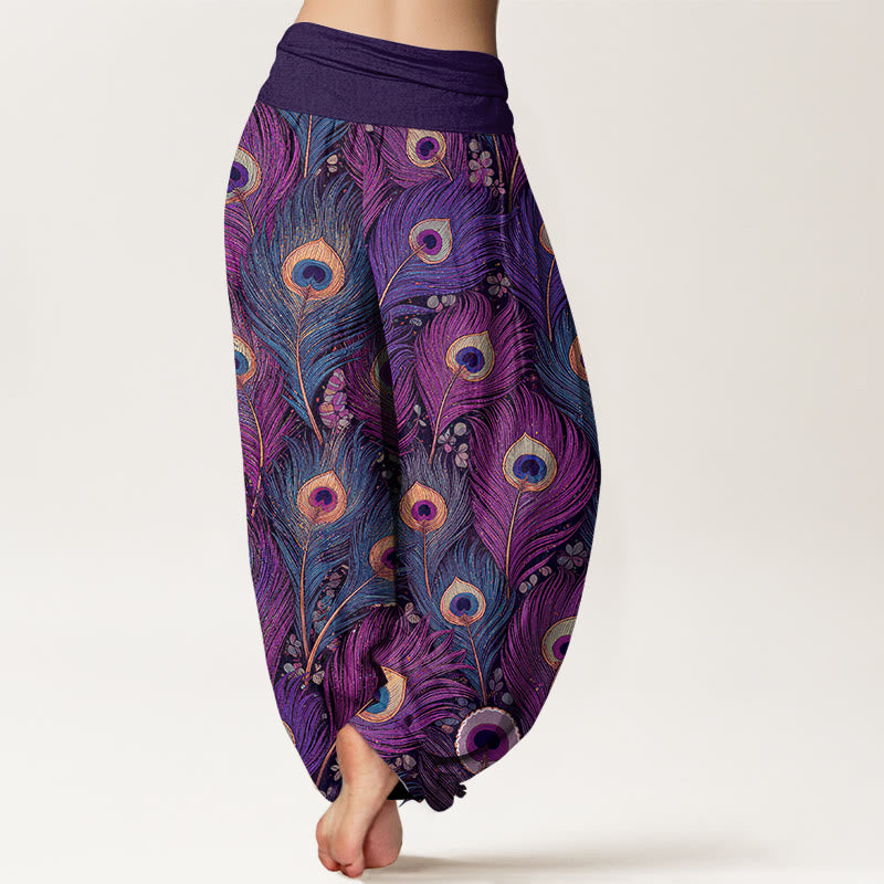 Buddha Stones Pantalones harem de mujer de algodón puro con cintura elástica y estampado de plumas de pavo real - image 1