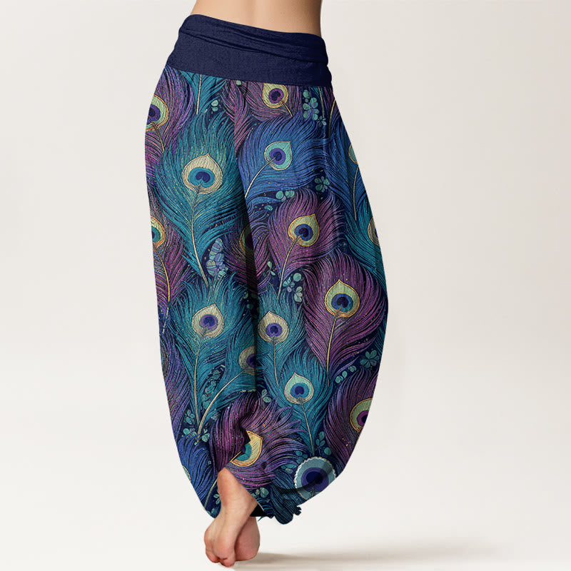 Buddha Stones Pantalones harem de mujer de algodón puro con cintura elástica y estampado de plumas de pavo real - image 9