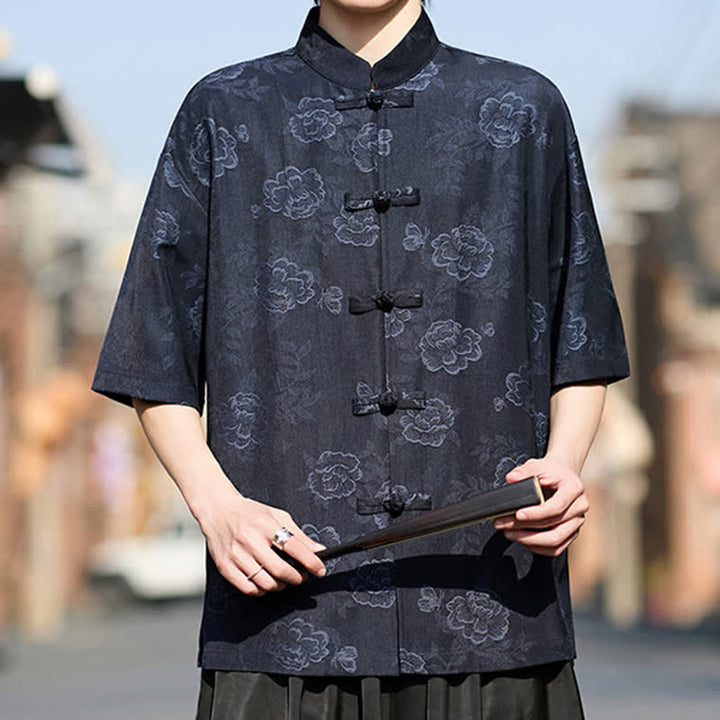 Buddha Stones Camisa de manga corta para hombre con cuello mandarín, botones de rana retro y estampado floral en jacquard - image 14