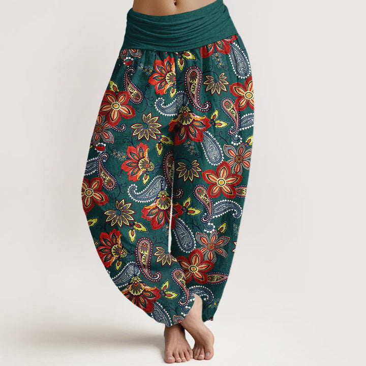 Buddha Stones Pantalones harén de algodón puro con estampado floral de cachemira y cintura elástica para mujer - Verde azulado - US16，UK/AU20，EU48 (3XL) - image 0