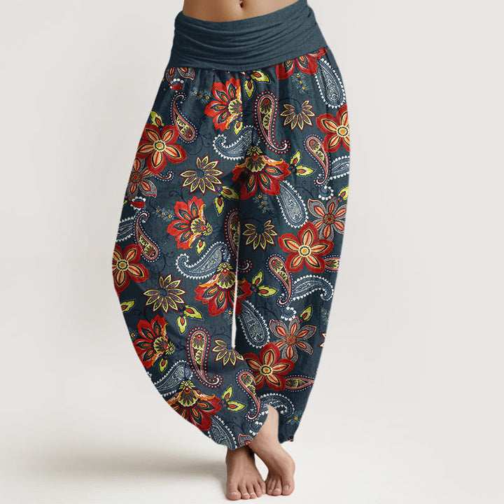 Buddha Stones Pantalones harén de algodón puro con estampado floral de cachemira y cintura elástica para mujer - Gris pizarra - US16，UK/AU20，EU48 (3XL) - image 5