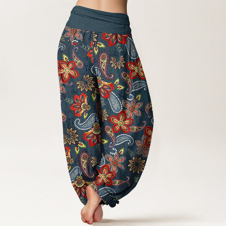 Buddha Stones Pantalones harén de algodón puro con estampado floral de cachemira y cintura elástica para mujer - image 6