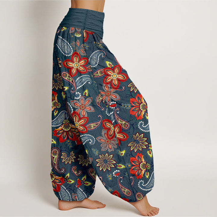 Buddha Stones Pantalones harén de algodón puro con estampado floral de cachemira y cintura elástica para mujer - image 7