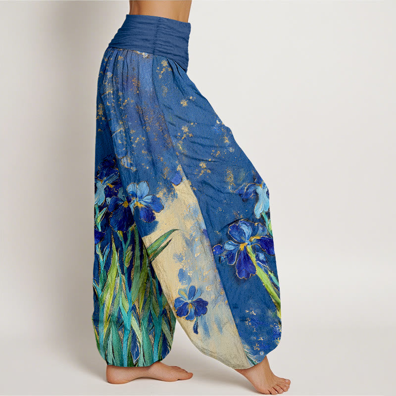 Buddha Stones Pantalones harem de mujer de algodón puro con cintura elástica y estampado de lirios - image 2
