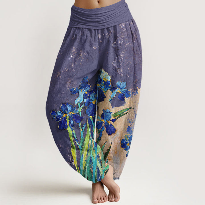 Buddha Stones Pantalones harem de mujer de algodón puro con cintura elástica y estampado de lirios - Morado medio - US16，UK/AU20，EU48 (3XL) - image 5