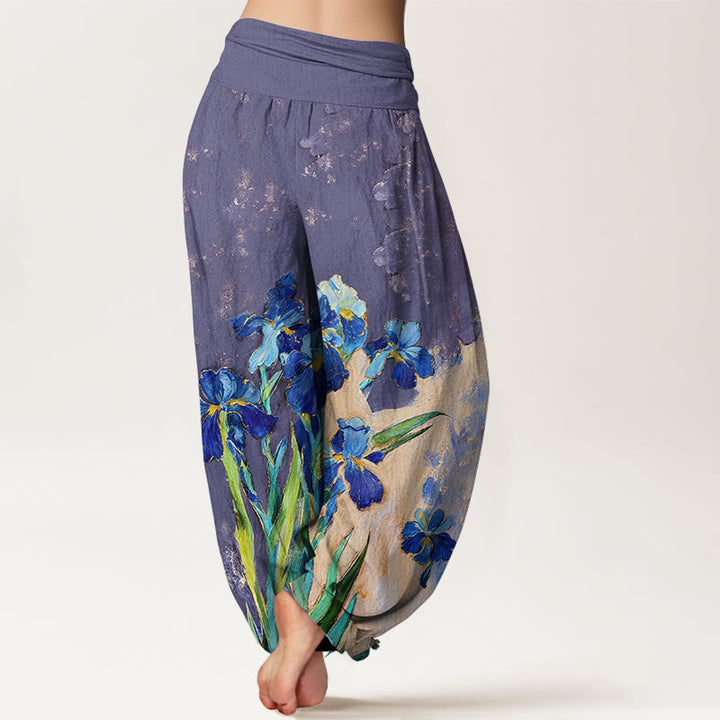 Buddha Stones Pantalones harem de mujer de algodón puro con cintura elástica y estampado de lirios - image 6