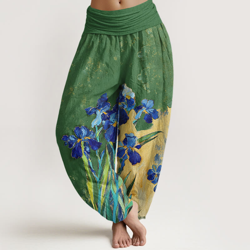 Buddha Stones Pantalones harem de mujer de algodón puro con cintura elástica y estampado de lirios - Verde bosque - US16，UK/AU20，EU48 (3XL) - image 8