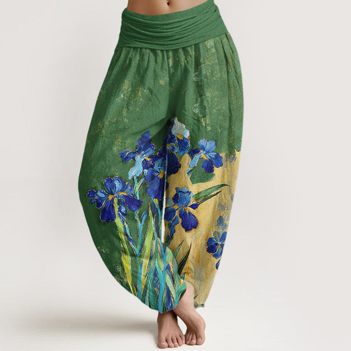 Buddha Stones Pantalones harem de mujer de algodón puro con cintura elástica y estampado de lirios - Verde bosque - US16，UK/AU20，EU48 (3XL) - image 8
