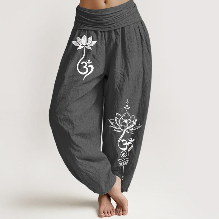 Buddha Stones Pantalones harem de mujer con cintura elástica y estampado de flor de loto de algodón Om - Gris oscuro - US16，UK/AU20，EU48 (3XL) - image 0
