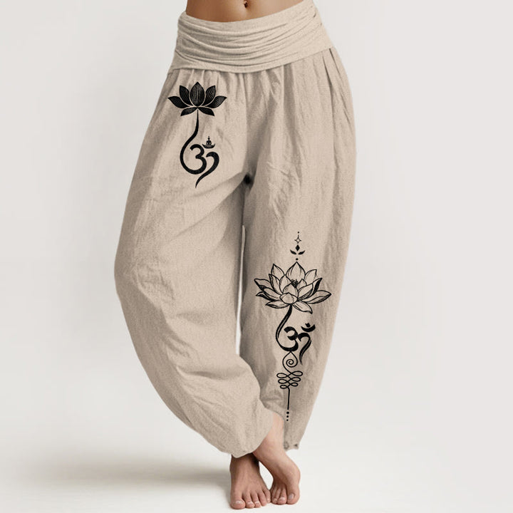 Buddha Stones Pantalones harem de mujer con cintura elástica y estampado de flor de loto de algodón Om - Broncearse - US16，UK/AU20，EU48 (3XL) - image 11