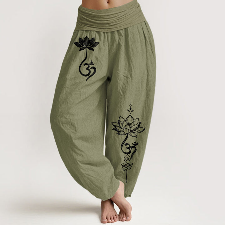 Buddha Stones Pantalones harem de mujer con cintura elástica y estampado de flor de loto de algodón Om - Verde oliva - US16，UK/AU20，EU48 (3XL) - image 14