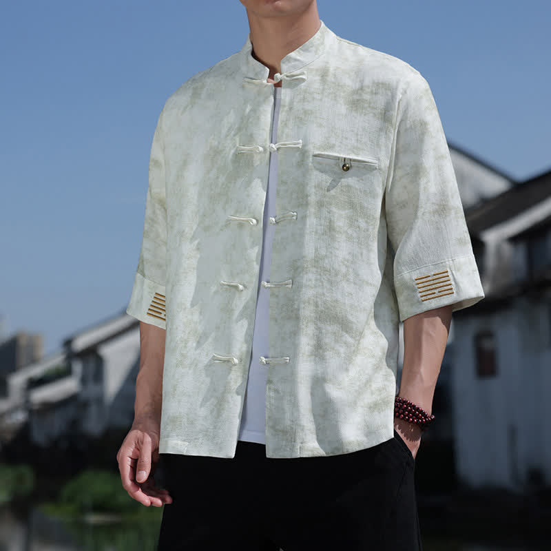 Buddha Stones Camisa de lino de manga corta para hombre con bordado jaspeado y botones de rana. - Gotas de miel - US/UK/AU46, EU56 (5XL) - image 0