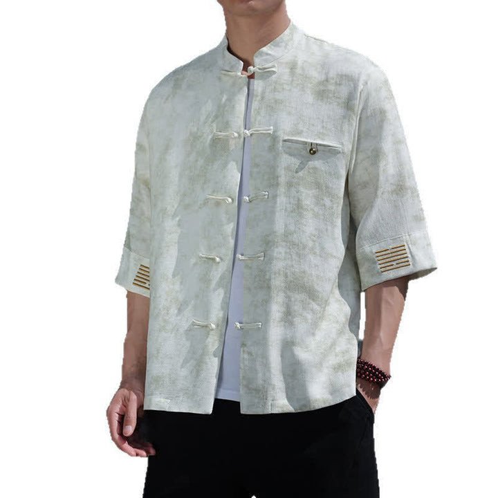 Buddha Stones Camisa de lino de manga corta para hombre con bordado jaspeado y botones de rana. - image 5