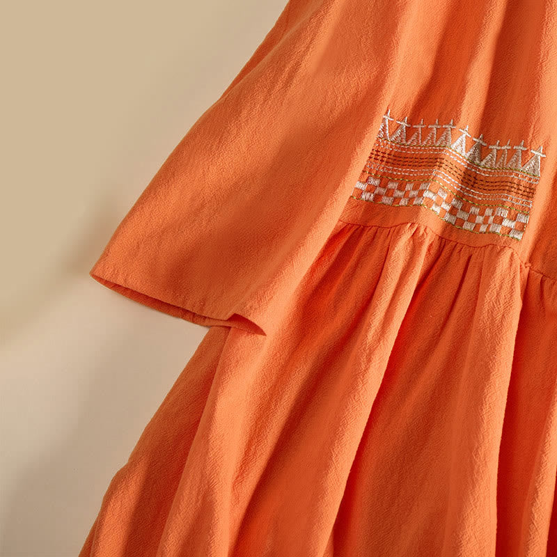 Vestido midi de mujer con media manga y bolsillos, bordado geométrico de Buddha Stones - image 13