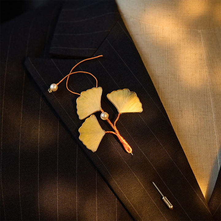 Buddha Stones Broche de hoja de ginkgo con flor de terciopelo y seda artesanal - image 2