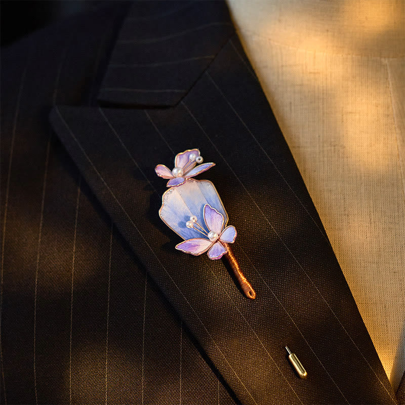 Buddha Stones Broche de mariposa morada con flor de terciopelo de seda artesanal y diseño de libertad - image 3