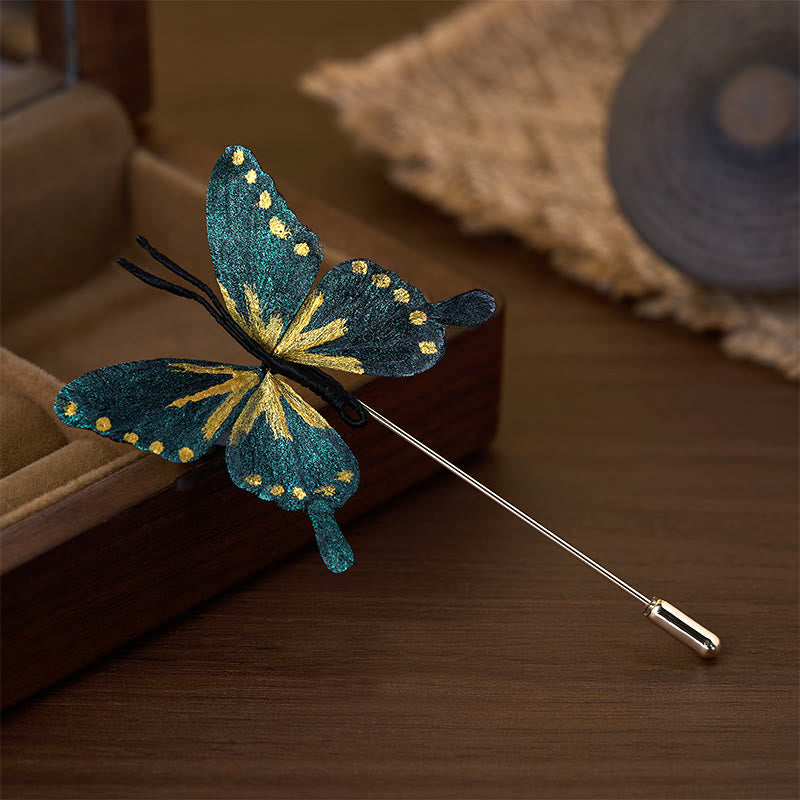Buddha Stones Broche de mariposa azul dorado con flor de terciopelo de seda artesanal - image 1
