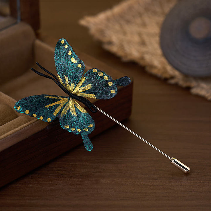 Buddha Stones Broche de mariposa azul dorado con flor de terciopelo de seda artesanal - image 1