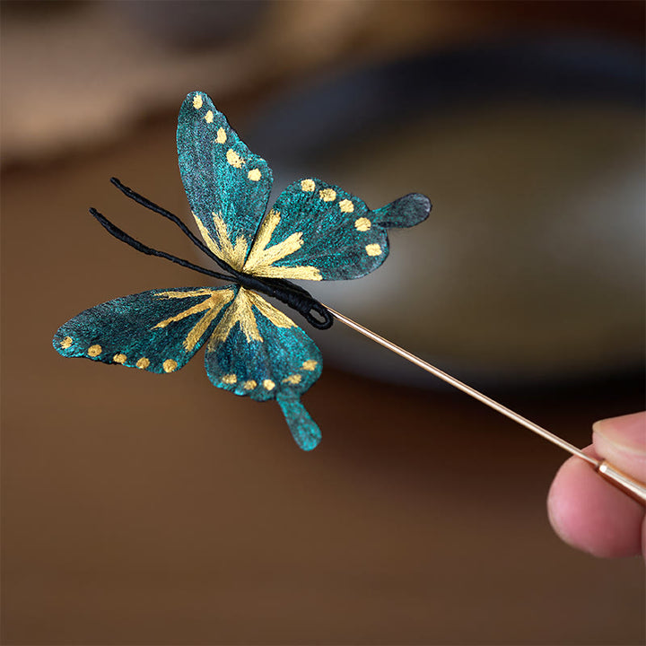 Buddha Stones Broche de mariposa azul dorado con flor de terciopelo de seda artesanal - image 2