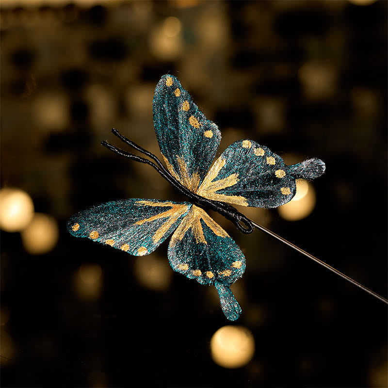 Buddha Stones Broche de mariposa azul dorado con flor de terciopelo de seda artesanal - Mariposa azul dorada de unos 7-8 cm - image 0
