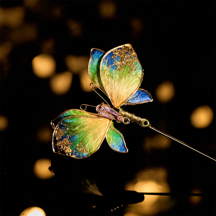 Buddha Stones Broche de mariposa con degradado azul y verde de flor de terciopelo de seda artesanal - Mariposa con degradado azul y verde de unos 7 cm - image 0