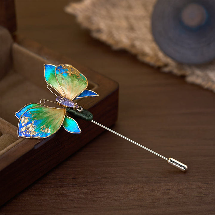 Buddha Stones Broche de mariposa con degradado azul y verde de flor de terciopelo de seda artesanal - image 1