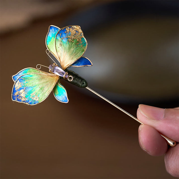 Buddha Stones Broche de mariposa con degradado azul y verde de flor de terciopelo de seda artesanal - image 2