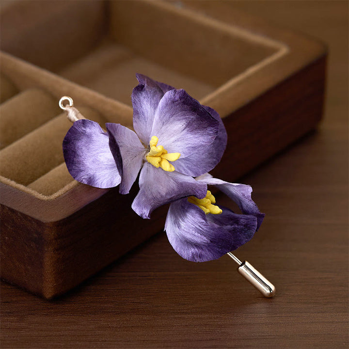 Buddha Stones Broche de flor de iris violeta claro con flor de terciopelo de seda artesanal - image 1