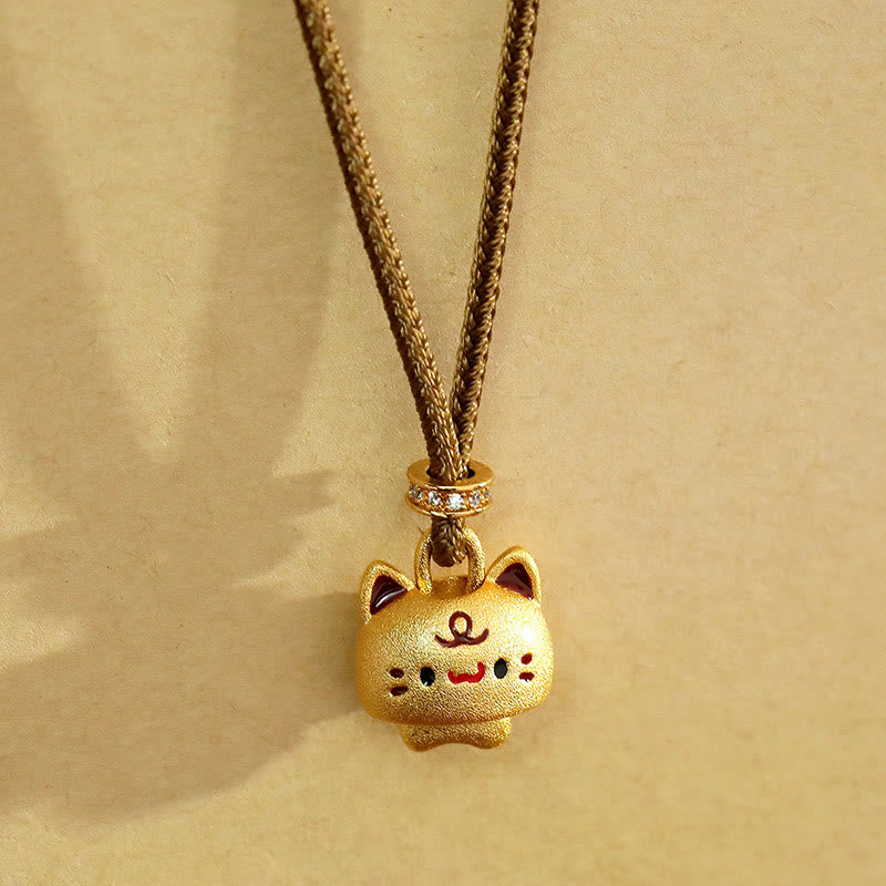 Buddha Stones Colgante de collar con colgante de protección ajustable de cuerda trenzada chapada en oro con diseño de lindo gato en cobre. - image 0