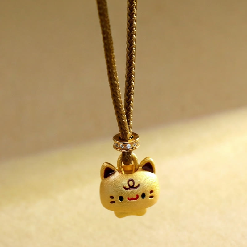 Buddha Stones Colgante de collar con colgante de protección ajustable de cuerda trenzada chapada en oro con diseño de lindo gato en cobre. - image 2