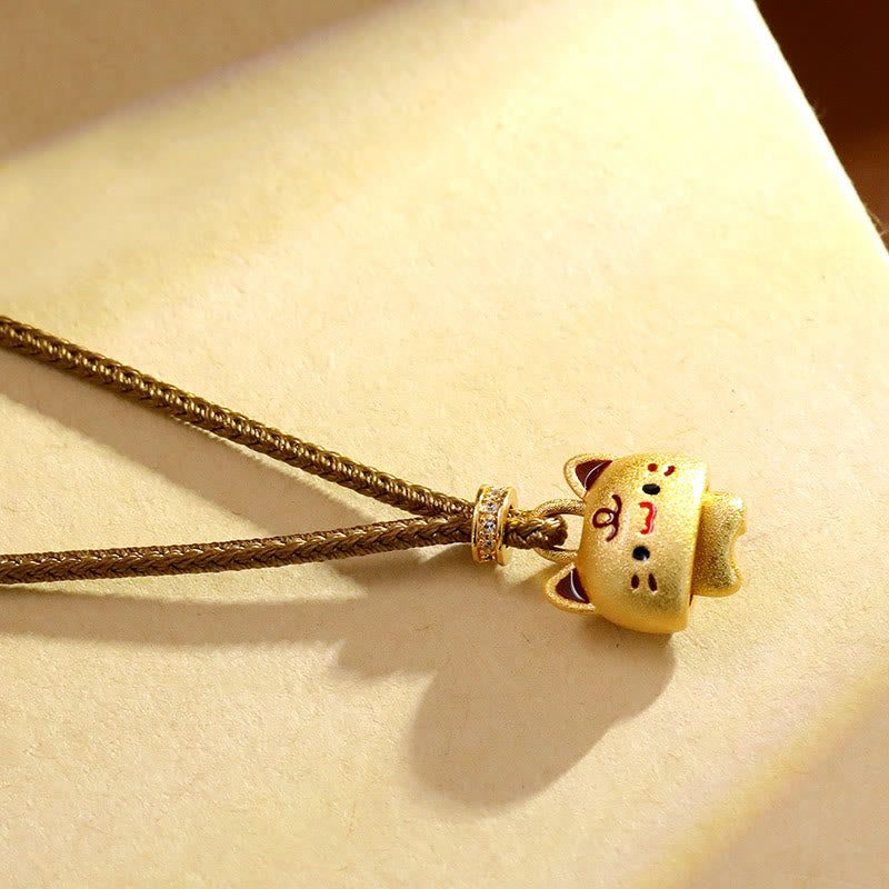 Buddha Stones Colgante de collar con colgante de protección ajustable de cuerda trenzada chapada en oro con diseño de lindo gato en cobre. - image 3