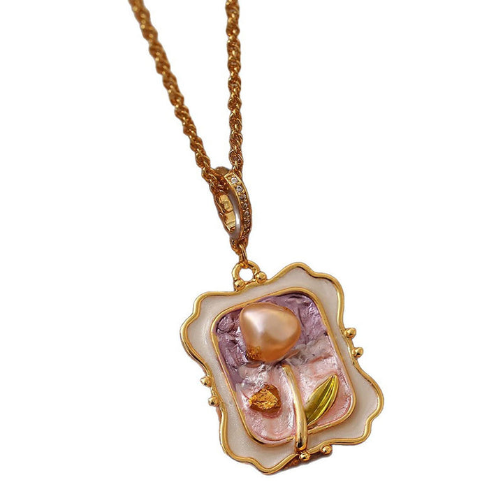 Buddha Stones Collar con colgante de perlas y cobre con pintura al óleo de flores y efecto curativo - image 5