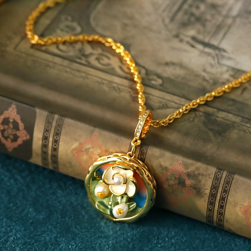 Buddha Stones Colgante de cobre con diseño floral y pintura al óleo redonda de estilo retro. - image 1