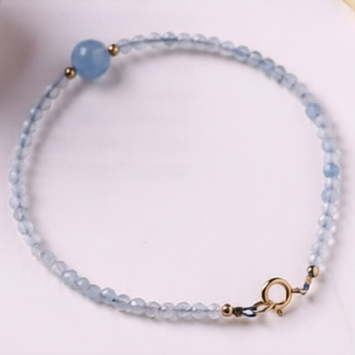 Buddha Stones Pulsera de la paz con cuentas facetadas ultrafinas de aguamarina natural de 2 mm - image 3
