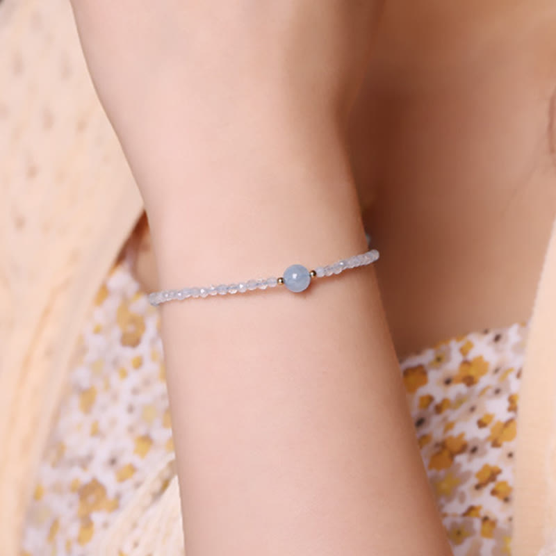Buddha Stones Pulsera de la paz con cuentas facetadas ultrafinas de aguamarina natural de 2 mm - image 4