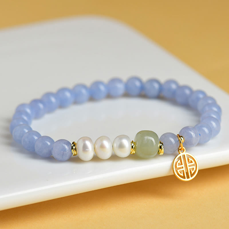Buddha Stones Pulsera energética de cuentas de perlas de calcedonia azul - Calcedonia azul (circunferencia de la muñeca: 15-16 cm) - image 0