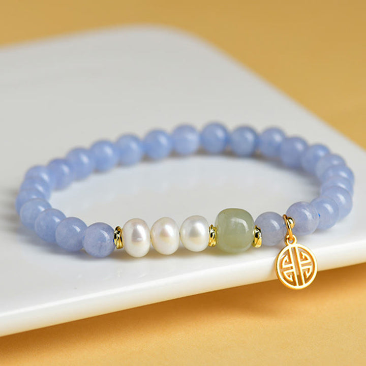 Buddha Stones Pulsera energética de cuentas de perlas de calcedonia azul - Calcedonia azul (circunferencia de la muñeca: 15-16 cm) - image 0