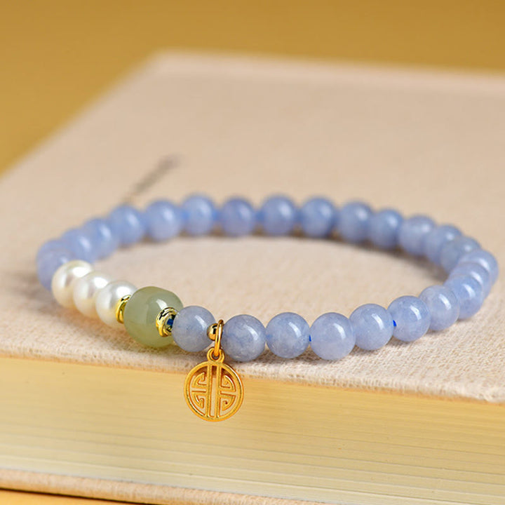 Buddha Stones Pulsera energética de cuentas de perlas de calcedonia azul - image 1