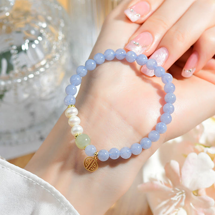 Buddha Stones Pulsera energética de cuentas de perlas de calcedonia azul - image 4