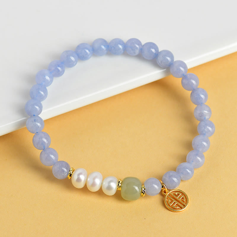 Buddha Stones Pulsera energética de cuentas de perlas de calcedonia azul - image 2