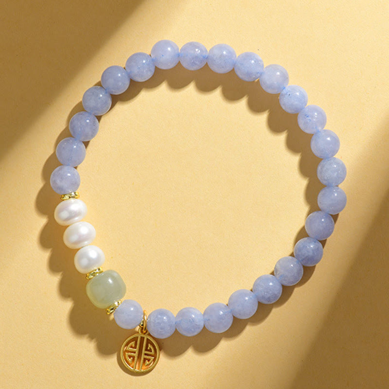 Buddha Stones Pulsera energética de cuentas de perlas de calcedonia azul - image 3